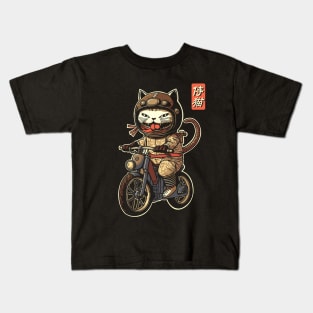 Japanese Samurai Cat on Motorcycle Kawaii Ninja Cat Kids T-Shirt